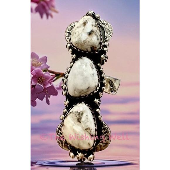 White Buffalo Three Stone Sterling Silver Ring Adjustable Size 5-10 - Picture 4 of 6